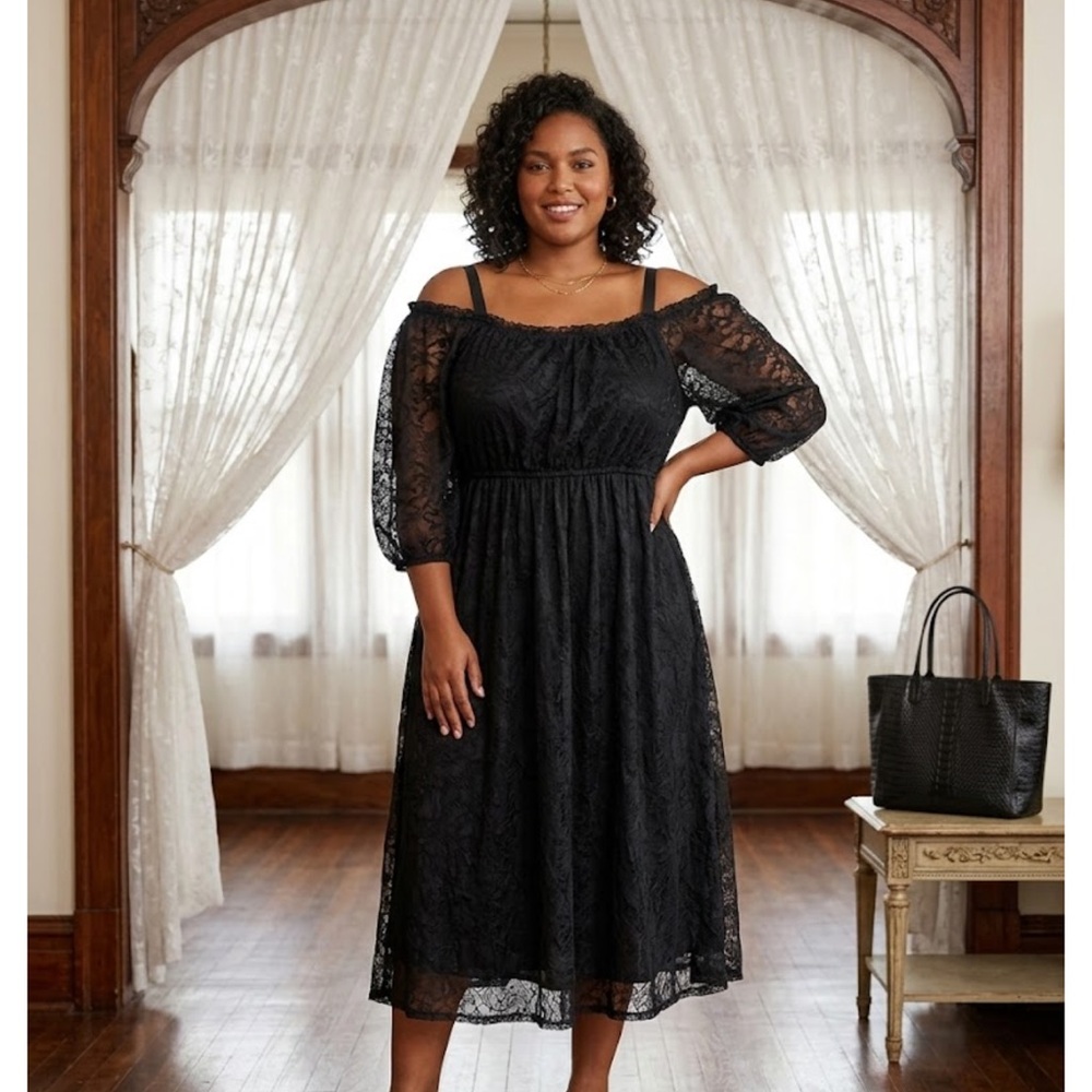 Lane Bryant Black Lace Midi Dress Whimsygoth halter size 16